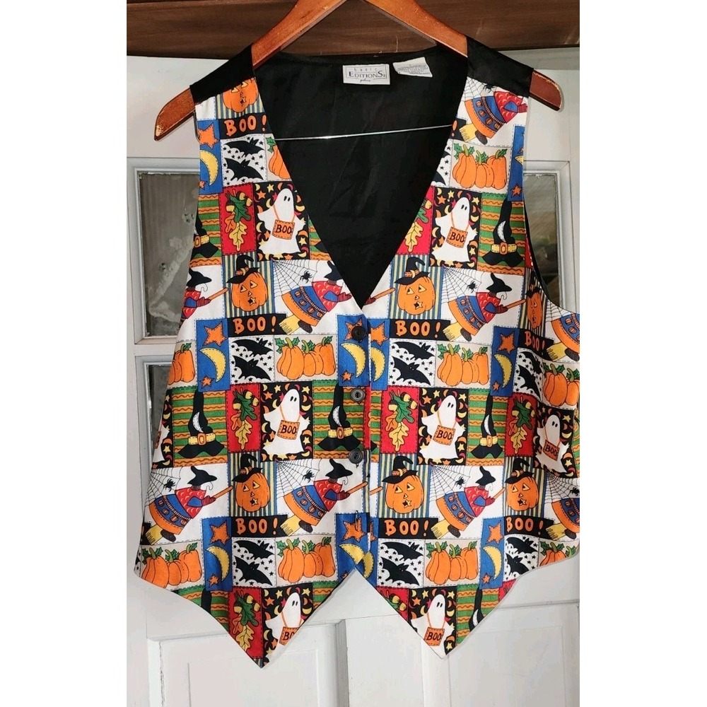 Vintage Basic Editions Halloween Vest Pumpkins Ghost Boo Haunted 1x Grannycore
